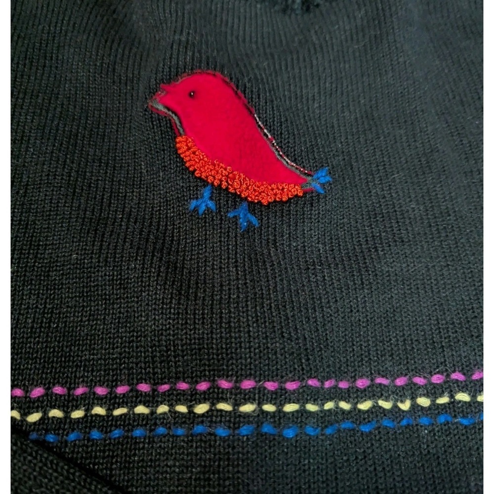 Vintage Great Cavalier Bird Novelty Cardigan Sweater Black M Furry Embroidered - Picture 9 of 16